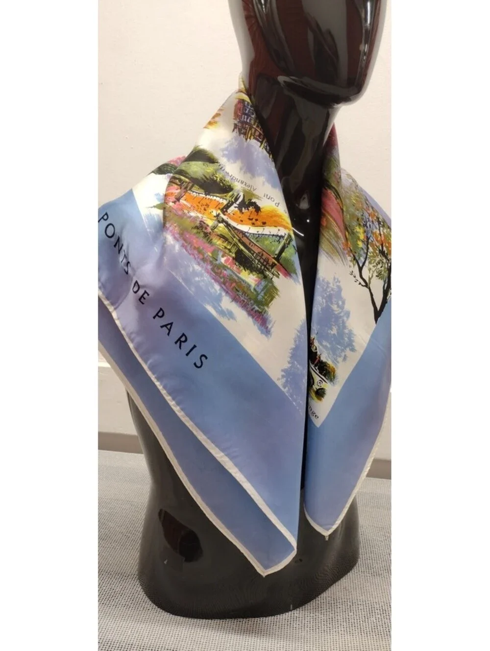 Vintage 1950s Satin Large Scarf LES PONTS DE PARIS FRANCE Acetate Periwinkle 60s